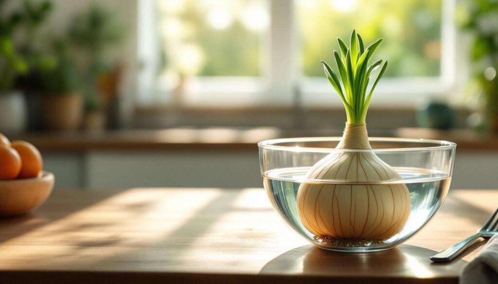 Ne le jetez plus : ce bulbe qui verdit dans votre cuisine lance un jardin d’hiver avec un bol d’eau